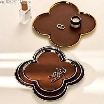 European style luxury four leaf clover ceramic leather jewelry aromatherapy storage tray living room entrance key tray ring dish