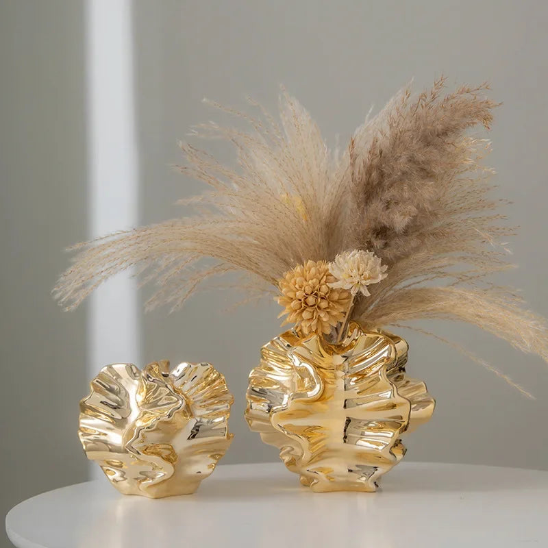 European Style Electroplated Ceramic Vase Light Luxury Gold Hydroponic Dry Flower Planter Home Decoration Ornament Handicraft
