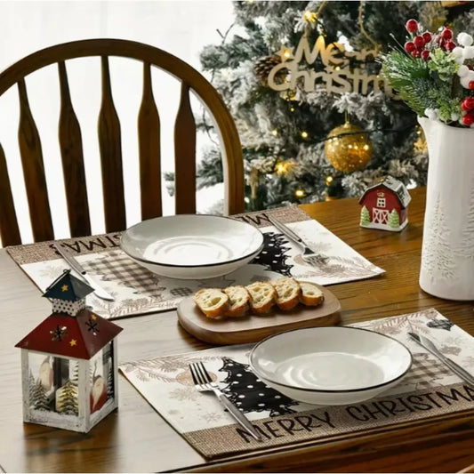 Linen Placemat with Christmas Element Printing Dirt Resistant Tabletop Placemat Suitable Party Kitchen and Restaurant Decoration