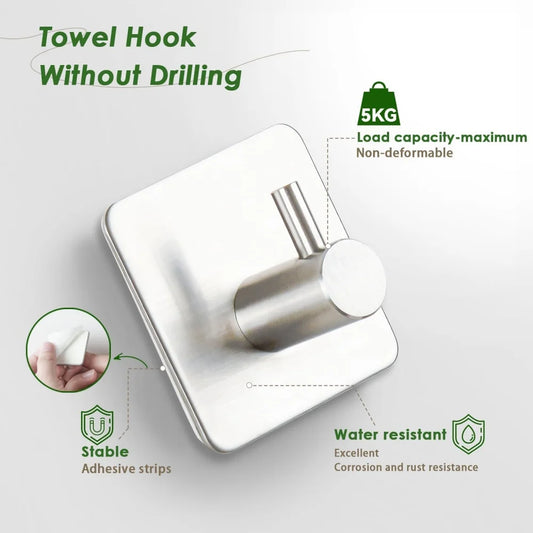 Self adhesive hook heavy-duty towel rack,  wall self-adhesive 304 stainless steel, no need for drilling, waterproof