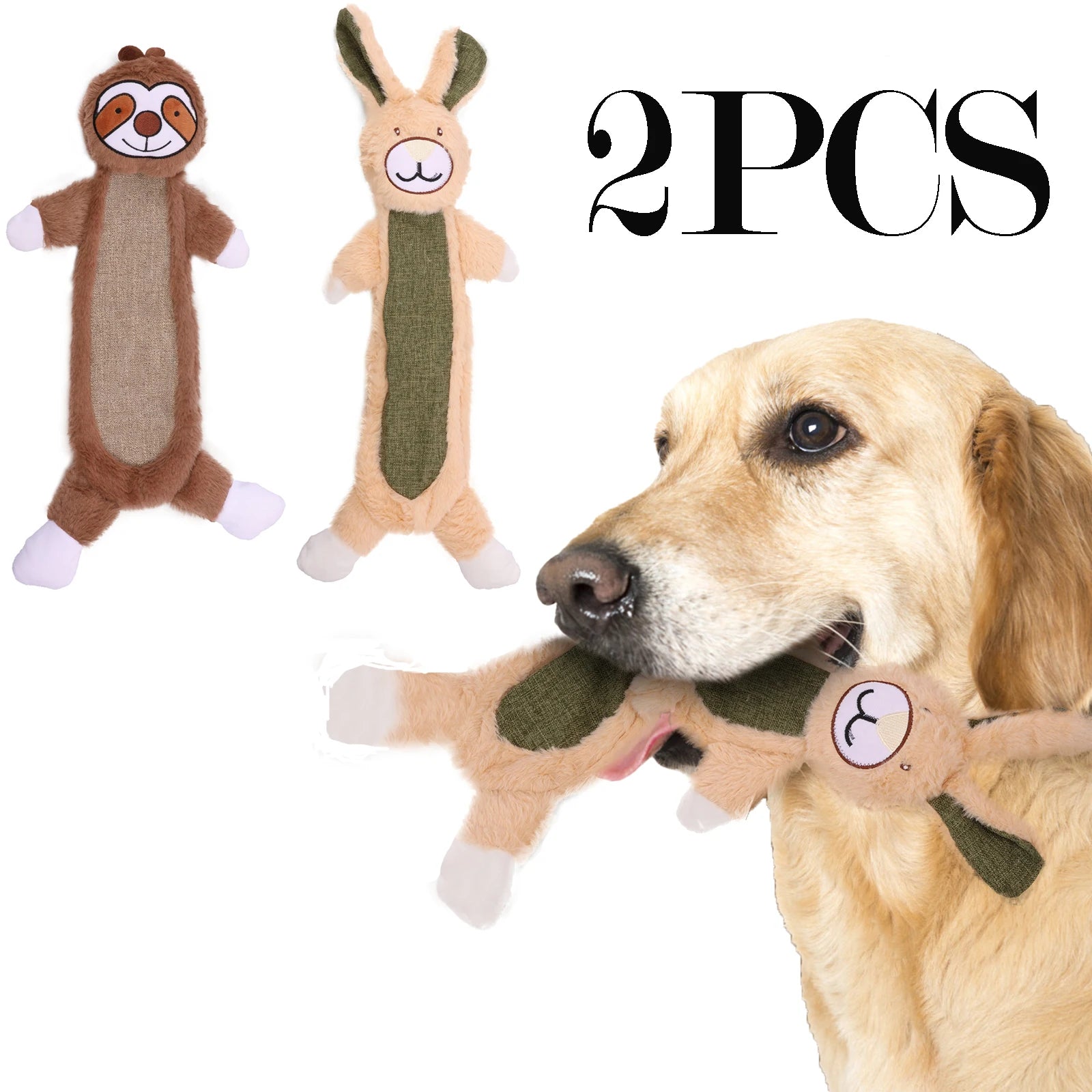 2PCS Dog Plush Squeaky Toy Sloth and Rabbit Shape Plush Toy with Crinkle Paper Cute Interesting Interactive Chew Toys for Pets