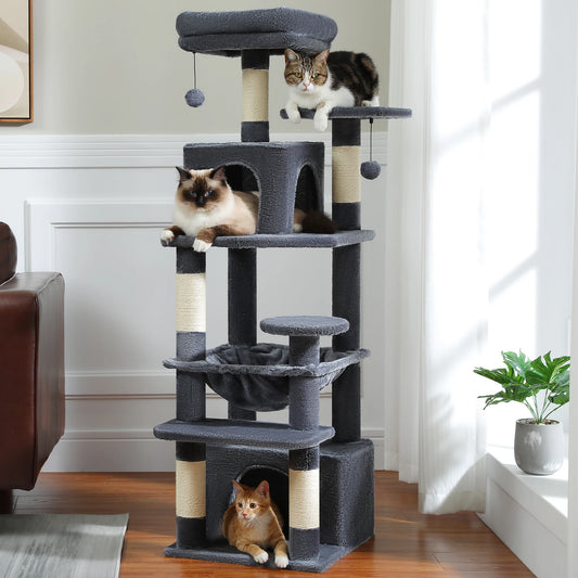 6-levels Cat Tree Tower with Joyful Pompom,Cozy Hammock,Double Condos,2 Top Perches,5 Scratching Posts Perfect for Indoor Cats