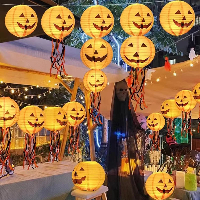 1/6PCS Halloween Paper Lanterns with LED Lights Pumpkin Ghost Decor for Home Bar Kindergarten Mall Party