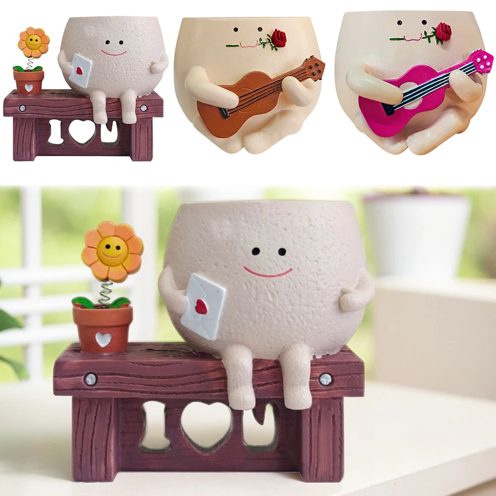Unique Sit Long Chair Succulent Pots Smile Face Planter Pot Resin Unique Cute Head Flower Planter for Indoor Outdoor Plants