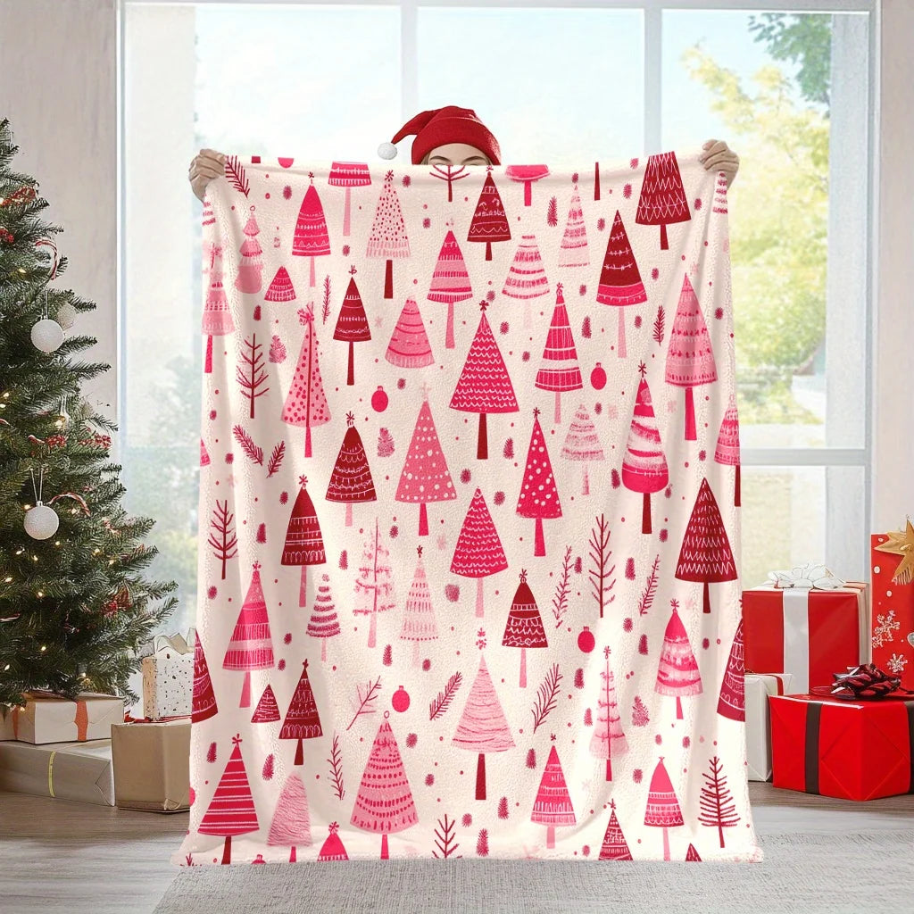 Cozy Pink Christmas Tree Flannel Throw Blanket - Soft, Warm & Versatile for Naps, Camping, Travel & Home Decor - Perfect Holiday