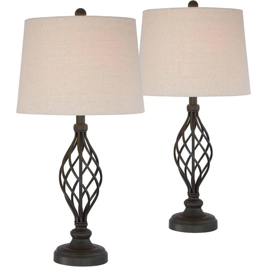 Rustic Farmhouse Table Lamps Set of 2, 28 Tall, Bronze Iron Scroll Design, Cream Tapered Shade, Traditional Style