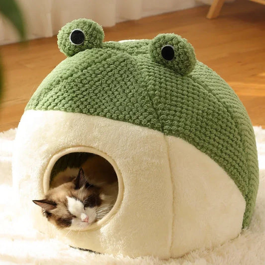 Plush Cat House Full Half Wrap Warm Green Cat Beds Nesting Basket Frog Shape Cartoon Kennel Beds Pet Accessories