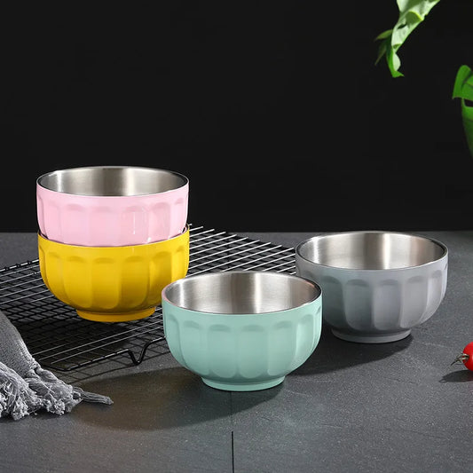 Round Stainless Steel Double Wall Bowl Insulated Ramen Fruit Soup Salad Bowls Kitchen Tableware Non-slip Bottom Food Container