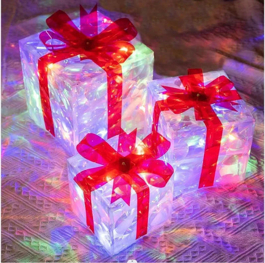 3pcs Light Up Gift Boxes Glowing Decoration Folding Box with Bow LED Lighting Luminous Christmas Party Desktop Present Ornament