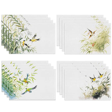 4/6/8Pcs Simple Green Bamboo Leaf Bird Print Placemat 30*45CM Linen Seasonal Spring Mats for Party Kitchen Wedding Dining Decor