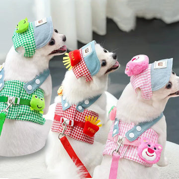 3PCS Cartoon Dog Harness Leash and Hat Set Unisex Cute Outdoor Pet Accessories Sunscreen Cap for Small Dogs Puppy Vest Harness