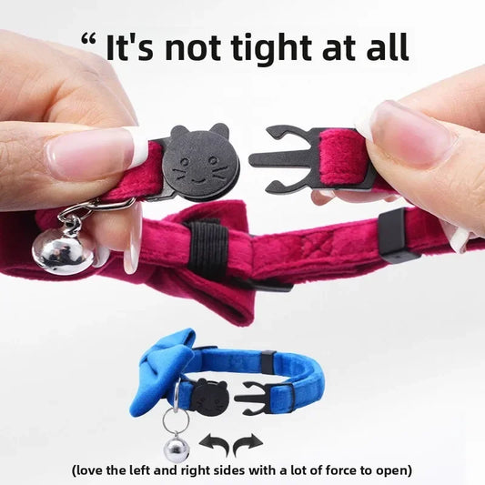 Soft Velvet Bow Tie Cat Collar with Bell Adjustable Safety Buckle Solid Color for Dogs Cats Puppy Chihuahua Pets Accessories