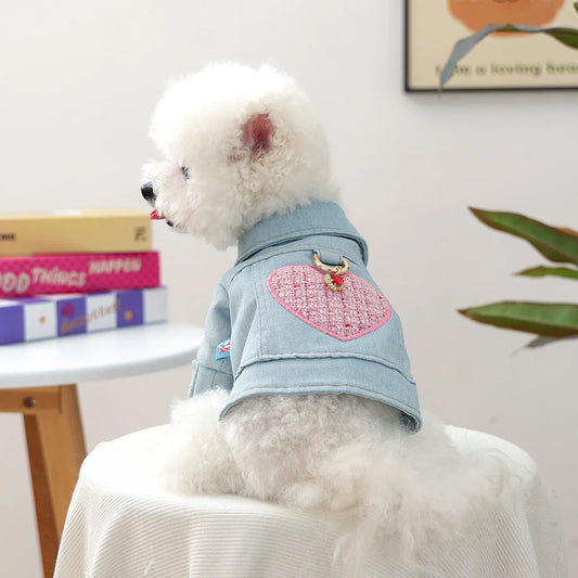 Dog Coat with D-Rings & Heart Embroidery Pet Apparel – Adorable Denim Jacket for Small Breed Puppies & Cats Stylish