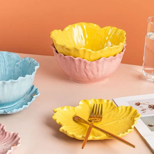 Plates Japanese  Originality Hibiscus Flower Plant Ceramics Household Modelling Instant Noodles Salad Fruit Container