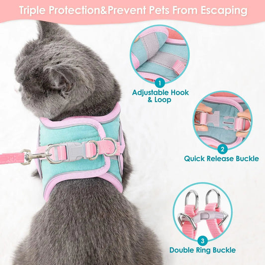Small-sized Pet Vest-style Reflective Harness Set for Cats at Night, with Adjustable Harness and Pet Leash Set