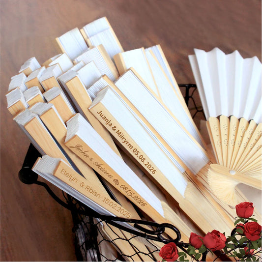 20/30/40/50 personalized carved white folding elegant paper fans, used for bridal showers, beaches, and weddings. Bamboo hand fa