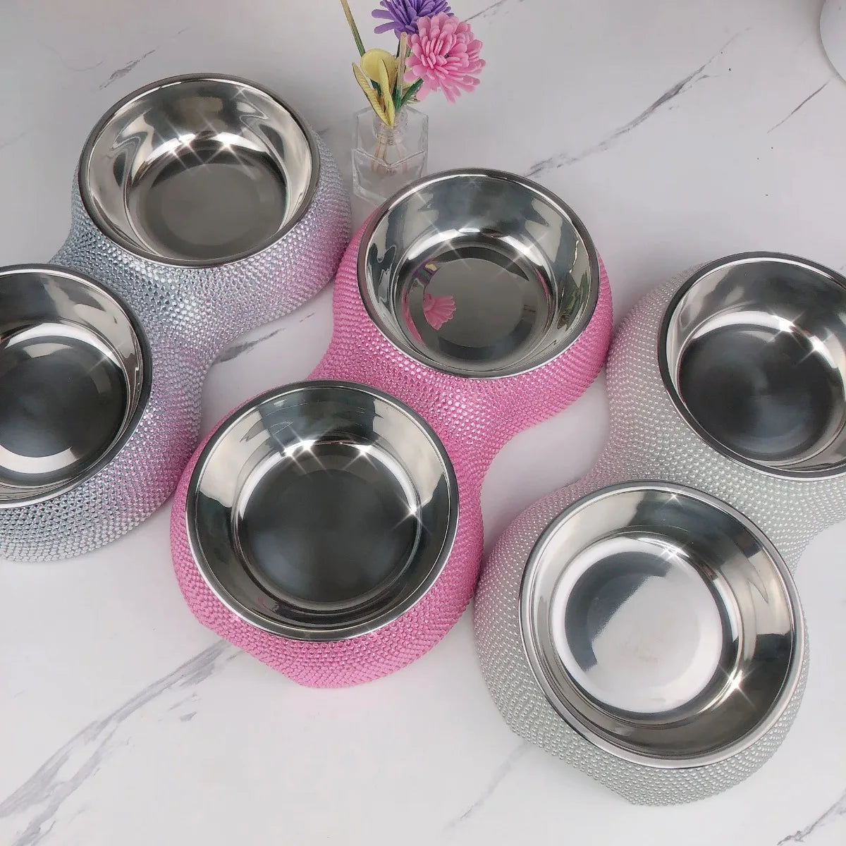 Creative Rhinestones Stainless Steel Double Dog Cat Food Bowl Sparkling Pet Cat Dog Bowl Pets Feeders Pet Supplies Accessories