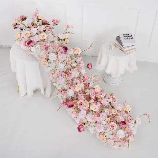 Uflower 1m/2m Pink Rose Hydrangea Flower Row Runner Artificial Flowers Wedding Backdrop Decor Floral Party Prop Window Display