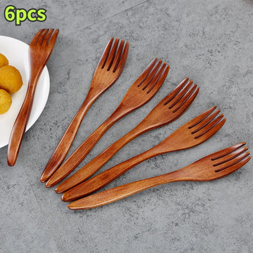 6pcs Japanese Solid Wood Forks Long Fruit Forks Dessert Forks Handmade Wooden Dinner Forks Bento Accessories