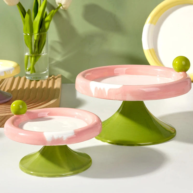 Creative Cartoon Ice Cream Color Ceramic Cat Dog Bowl Neck Protection Anti Overturning High Foot Snack Plate Large Capacity， 1Pc