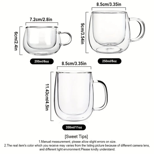 2 Pack Glass Coffee Mugs - Double Wall Insulated Mug Set with Handle, Tea Latte Cappuccino Cup for Latte, Macchiato, Americano