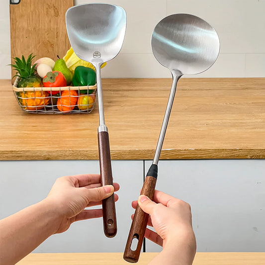 WORTHBUY Kitchen Utensils 304 Stainless Steel Wooden Handle Turner Soup Spoon Heat Resistant Non Stick Spatula Cooking Tools