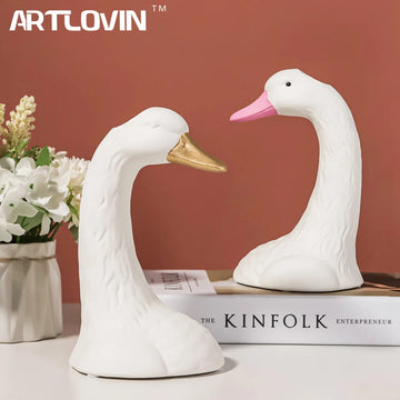DIY Plain White Swan Ceramic Vase Creative Pink Hand-painted Big Goose Desktop Vase Simple Animal Home Decorations Garden Decor