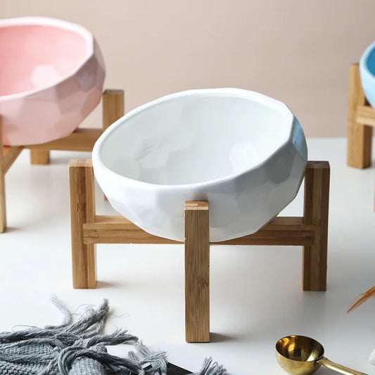 1090ml Cat Ceramic Bowl Small Dogs Elevated Food Water Feeders with Wooden Stand Pet Feeding Drinking Eating Supplies