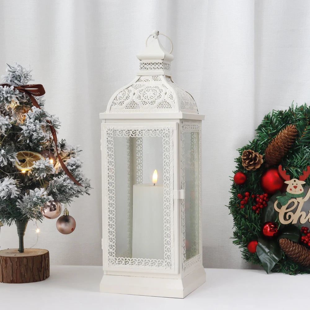 Metal Candle Holder Rustic Candle Lantren White Hanging Lantern Candlestick Lantern for Living Room Wedding Party Home Decor