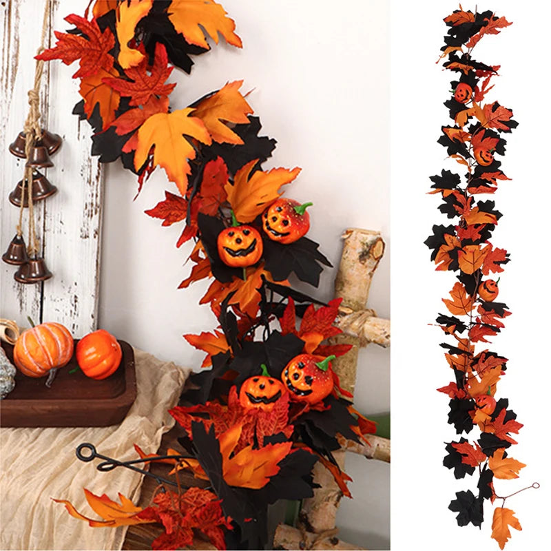 Halloween Artificial Vines Red Black Autumn Maple Leaves Fake Garland For Home Christmas Thanksgiving Party Fireplace Fall Decor
