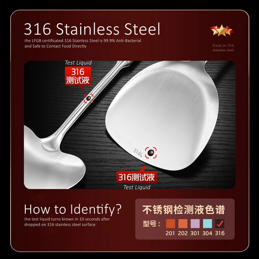 LFGB Certification 99.9% Anti-bacterial Kitchen Utensils 316 Stainless Steel Cooking Spatula Colander Soup Ladle for Family