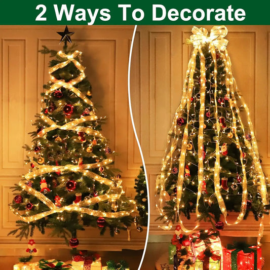 Christmas Ribbon Fairy Light Christmas Decoration DIY Bows String Light Tree Ornaments For Home 2025 Xmas Decor New Year Navidad
