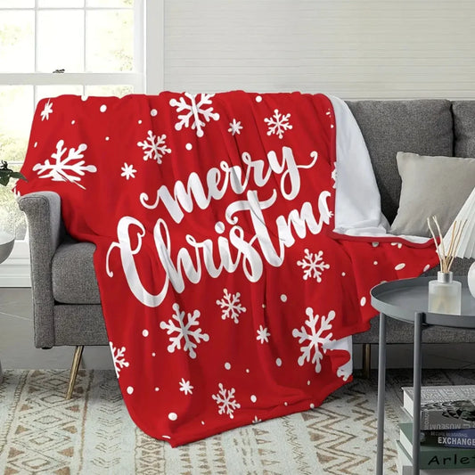 1pc Cozy Red & White Merry Christmas Snowflake Flannel Blanket - Soft Tear, Christma Throw Blanket