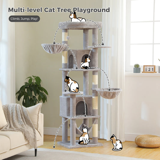 Luxury Cat Tree with Sisal Scratching Posts Large Condo Hammock Multi-Level Cat Tower for Indoor Cats Plush Cat House Cat Toys