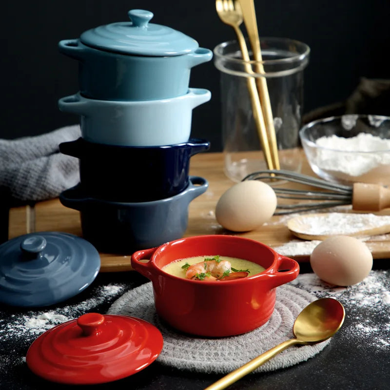Ceramic Double Ear Bowl Mini Ceramic Glazed Baking Bowl with Lid Breskfast Steamed Egg Pudding Bowl Soup Bowls Microwave Oven