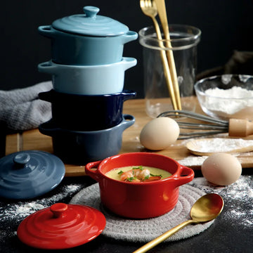Ceramic Double Ear Bowl Mini Ceramic Glazed Baking Bowl with Lid Breskfast Steamed Egg Pudding Bowl Soup Bowls Microwave Oven
