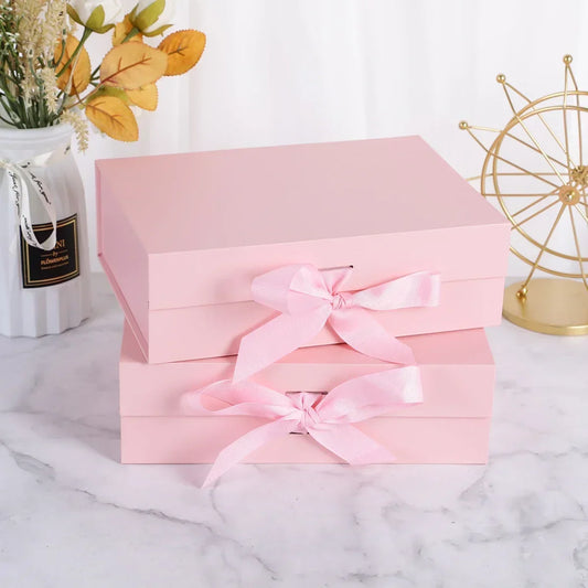 1/2pcs pink gift box, foldable gift box, pink box with ribbon and lid, perfect for engagement, birthday, and party gifts