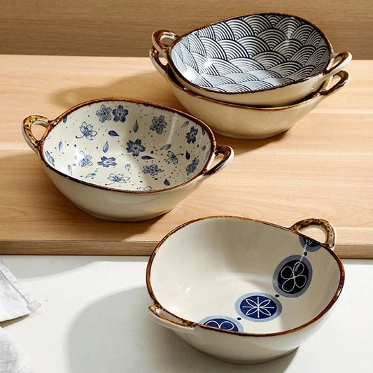 Japanese Household Noodle Bowl 7.5inch Ceramic Soup Bowl With Handle Salad Pasta Bowl Kitchen Tableware Microwave Oven Bakware
