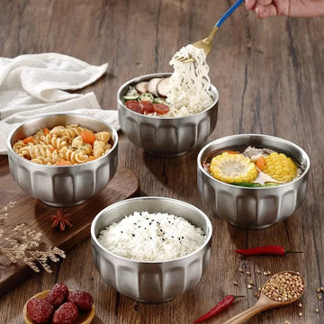 Round Stainless Steel Double Wall Bowl Insulated Ramen Fruit Soup Salad Bowls Kitchen Tableware Non-slip Bottom Food Container