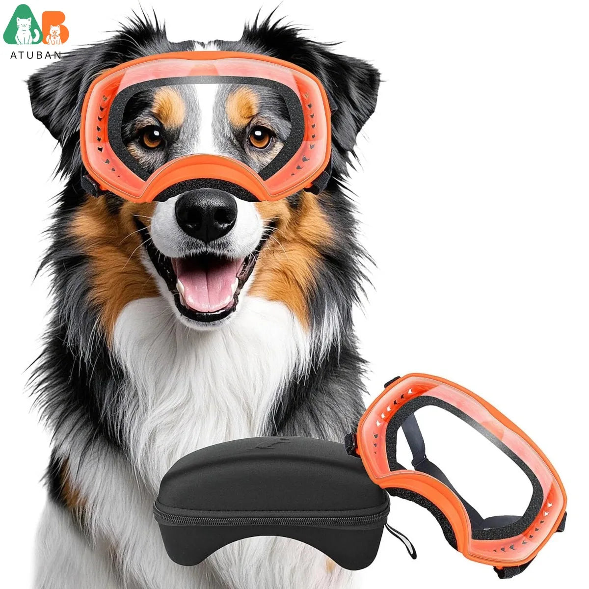 ATUBAN Dog Goggles,Clear Dog Sunglasses Medium Large Breed Wide View Dog Eye Protection Adjustable Straps for Driving Hiking