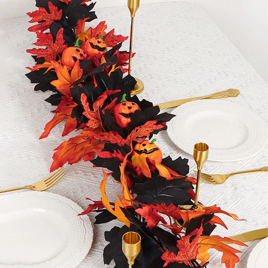 Halloween Artificial Vines Red Black Autumn Maple Leaves Fake Garland For Home Christmas Thanksgiving Party Fireplace Fall Decor