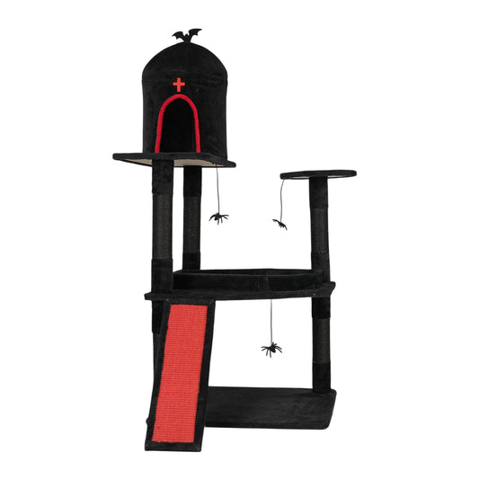 53" Gothic Cat Tree with Coffin Bed, Large Cat Tower with Spacious Cat Condo, Scratching Posts, Spider Hanging Toys, Scratching