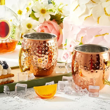 2025New Cocktail Wine Cup Moscow Mule Mug 550ml Stainless Steel Hammered Copper Plated Beer Cup Coffee Bar Drinkware for Ramadan