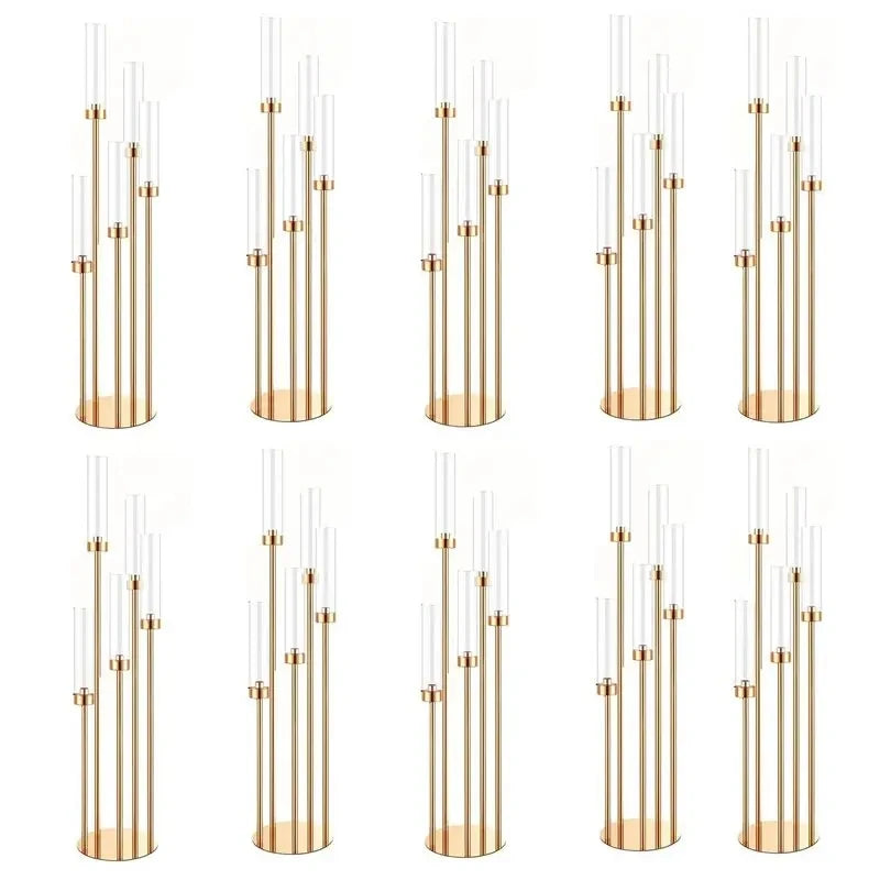 2-10pcs 5/8 Heads Metal Candelabra Candle Holders Road Lead Table Centerpiece Gold Candelabrum Stand Pillar Candlestick 2wedding