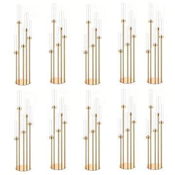2-10pcs 5/8 Heads Metal Candelabra Candle Holders Road Lead Table Centerpiece Gold Candelabrum Stand Pillar Candlestick 2wedding