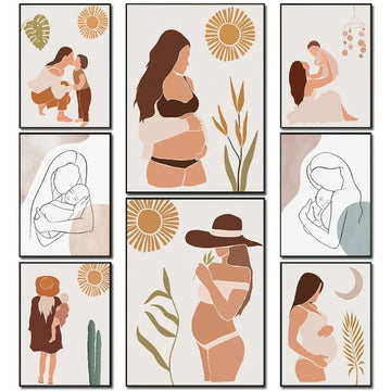 Boho Neutral Pregnant Woman Line Art Print Mom Baby Canvas Poster Gender Reveal Mothers Day Gift Minimalist Nursery Wall Decor