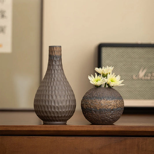 Vintage coarse pottery small vase, Japanese style living room dining table, hydroponic flower set, home decoration ornament