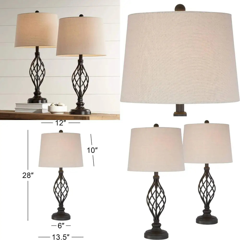 Rustic Farmhouse Table Lamps Set of 2, 28 Tall, Bronze Iron Scroll Design, Cream Tapered Shade, Traditional Style