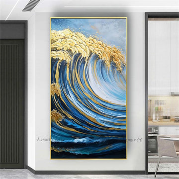 Pop Style Sea Wave Canvas Oil Painting Retro Blue Gold Vertical Panel Wall Art Pictures For Living Room Aisle Home Decor Poster