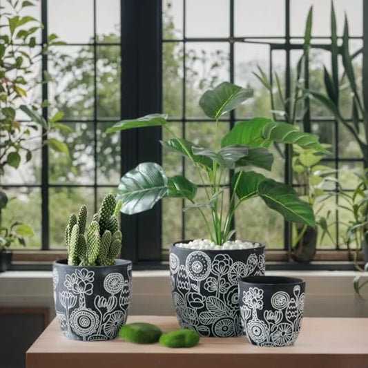 Terracotta Pots 6.5+5+4.4 Inch Plant Pots with Drainage Hole Floral Pattern Black Boho Ceramic Planters for Indoor Plants Flowe
